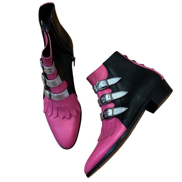 Modern Vice NYC Jett Black Pink Silver Leather Buckle Ankle Boots Size 37 7 - Picture 2 of 9